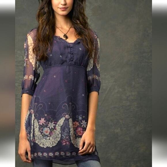 Anthropologie Trinity Purple 100% Silk Empire Waist 90s Sheer Floral Mini-Dress - Picture 15 of 15